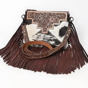 Hand-Tooled Leather Fringe & Hair-On Cowhide Western Crossbody Bag